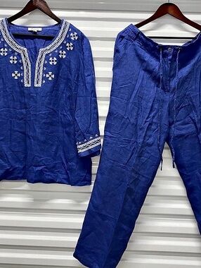 JM Collection Linen Embroidered Top and Pants Set Blue & White Size 16